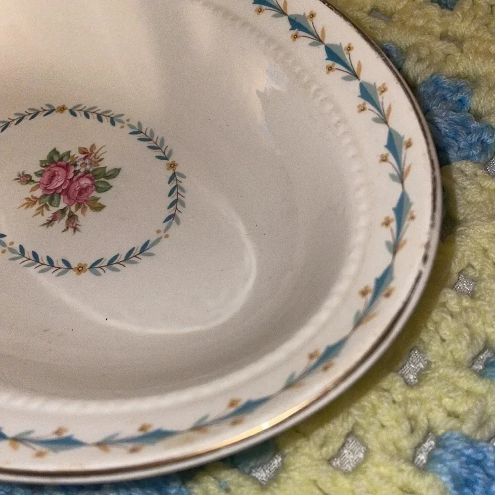 Harmony House serving bowl oval Vintage China flower pattern dining blue white